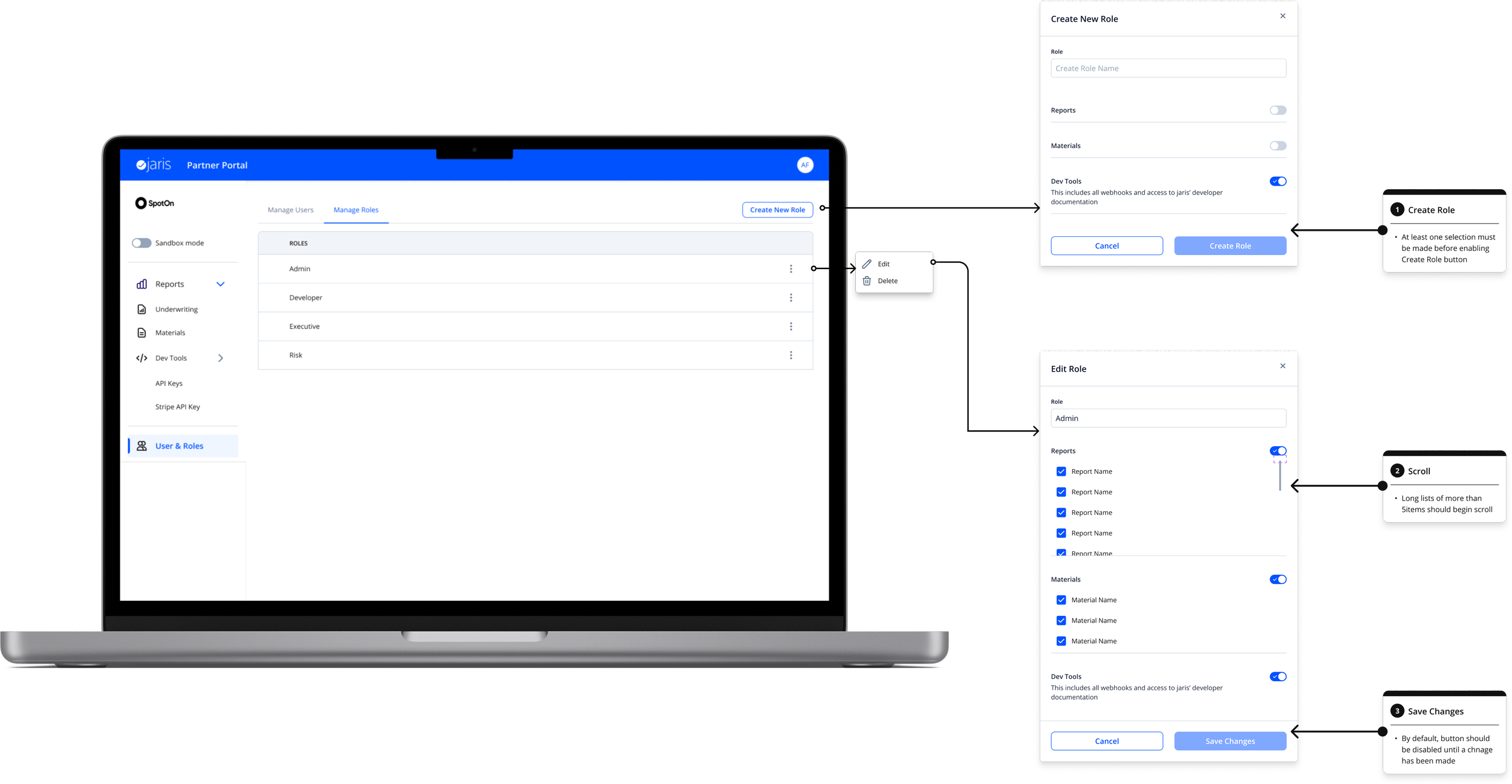 Create and edit role modals showing Reports, Materials, and Dev Tools permission toggles