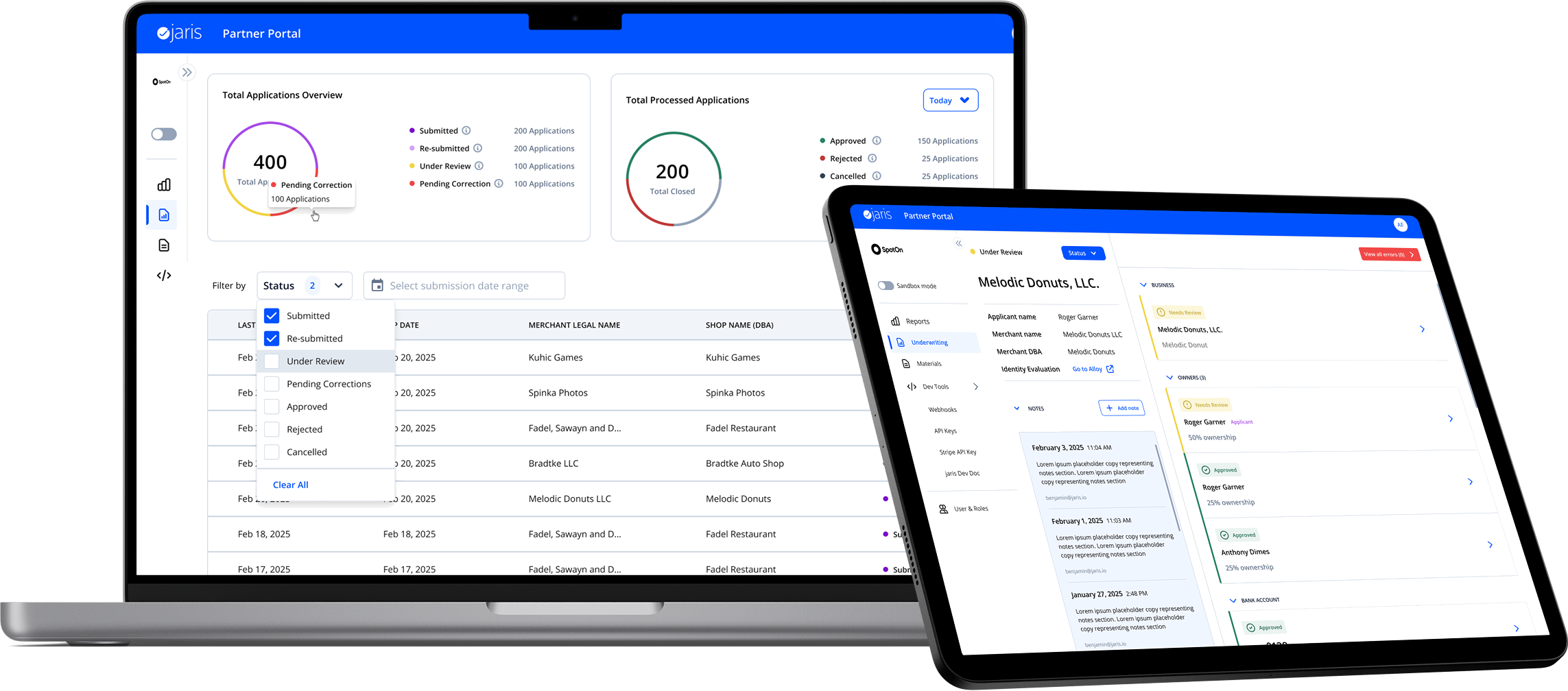 Total applications overview dashboard alongside the merchant underwriting detail view