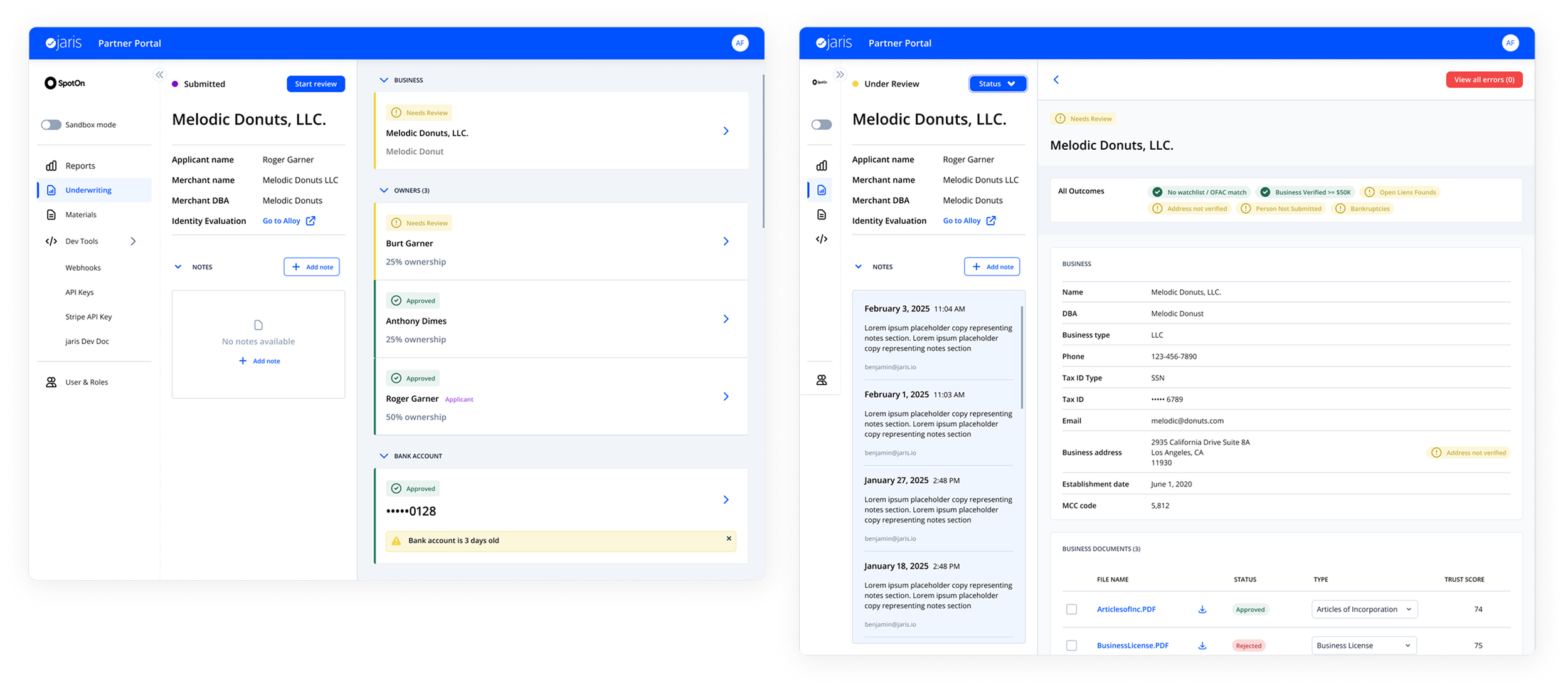 Underwriting workflow showing business, owners, and bank account information hierarchy