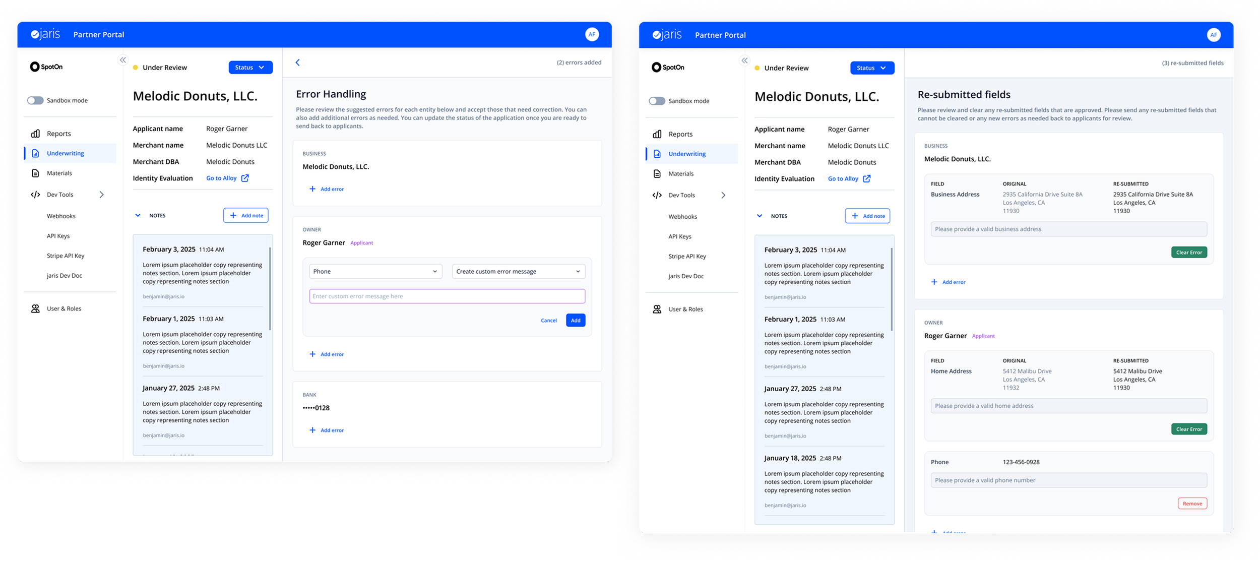 Error handling and re-submitted fields screens with pre-written and custom error messages