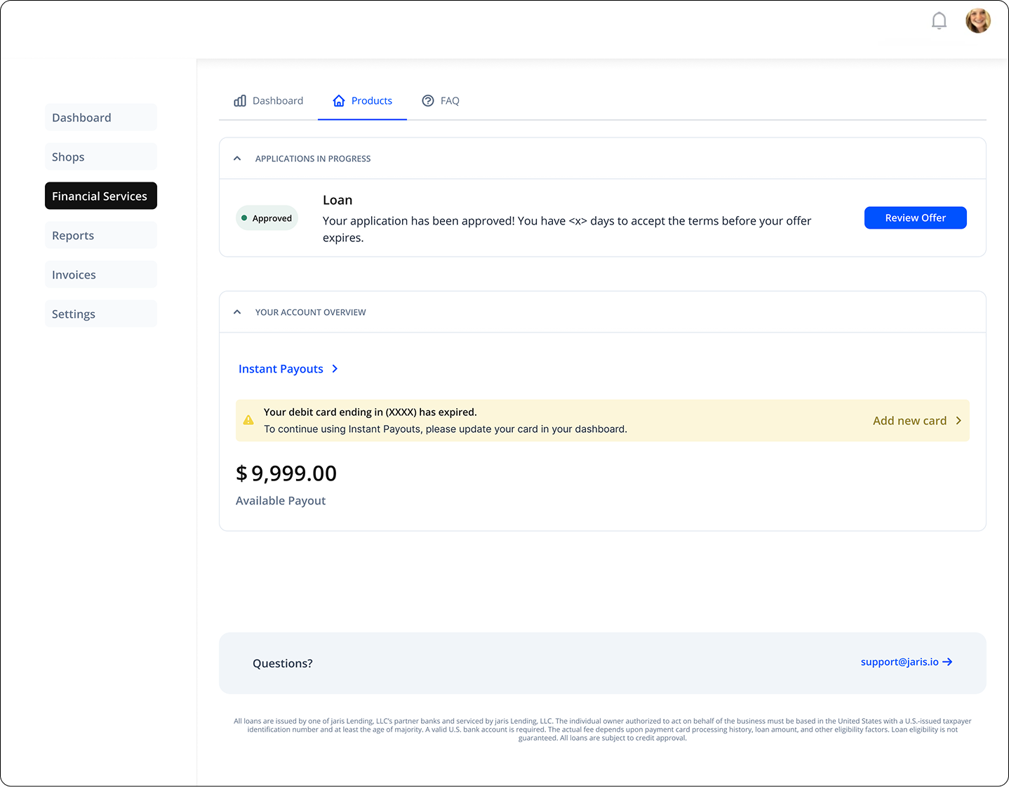 Embedded dashboard for merchants
