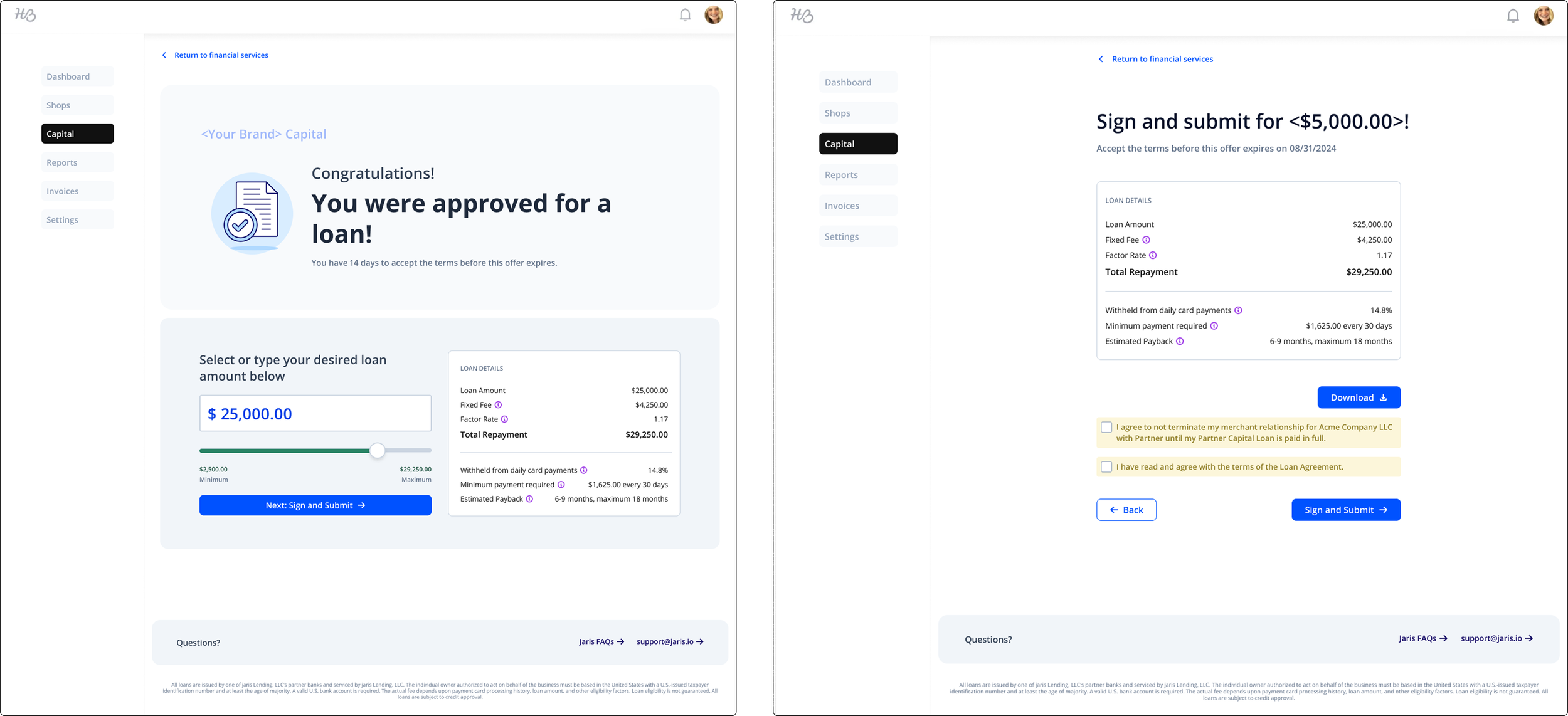 Loan sign and submit screens with legally required disclosures