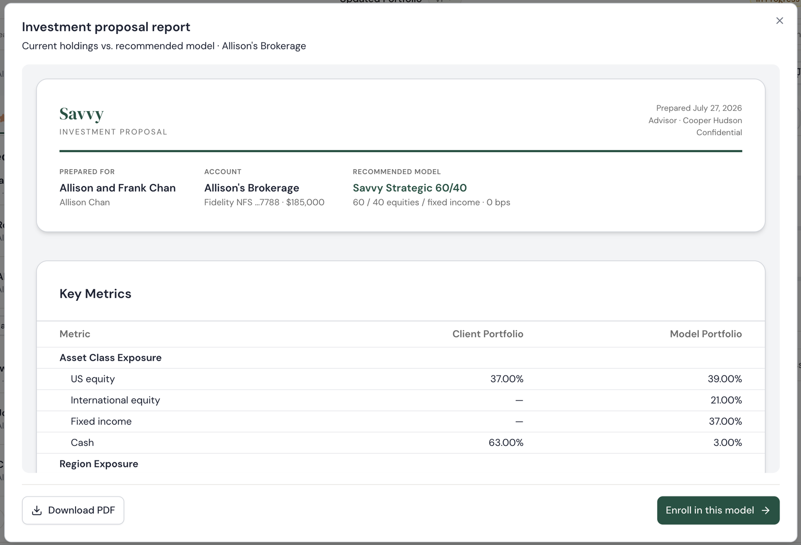 Investment proposal report modal comparing the client portfolio to the recommended Savvy Strategic 60/40 model, with Download PDF and Enroll in this model buttons