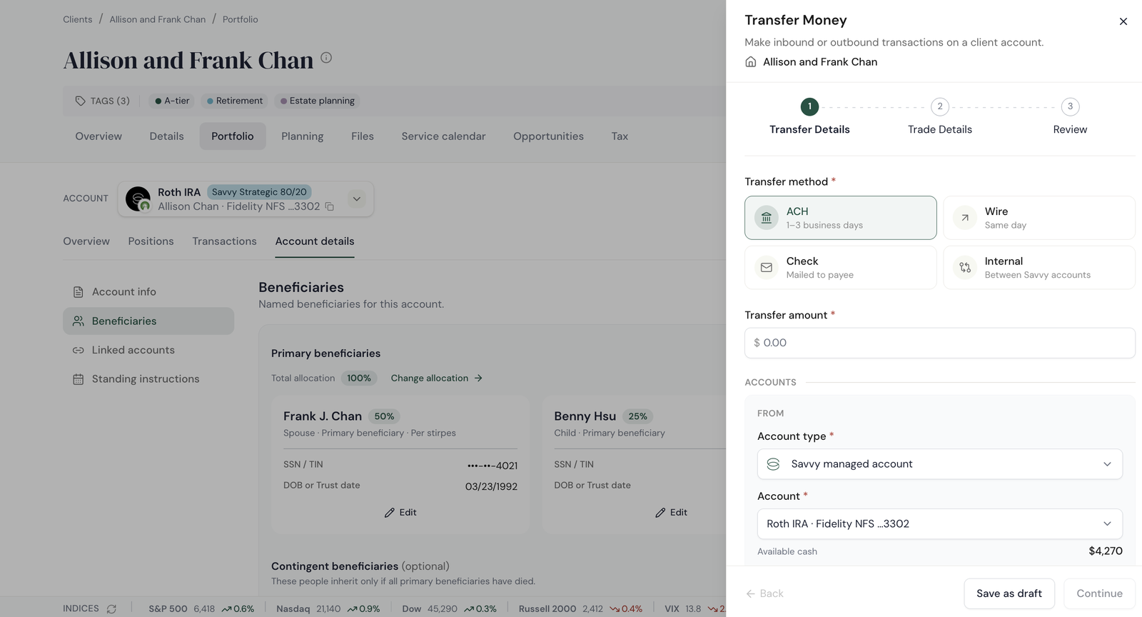Transfer Money sheet docked on the right: transfer method options for ACH, wire, check and internal, amount, and from-account selection with available cash