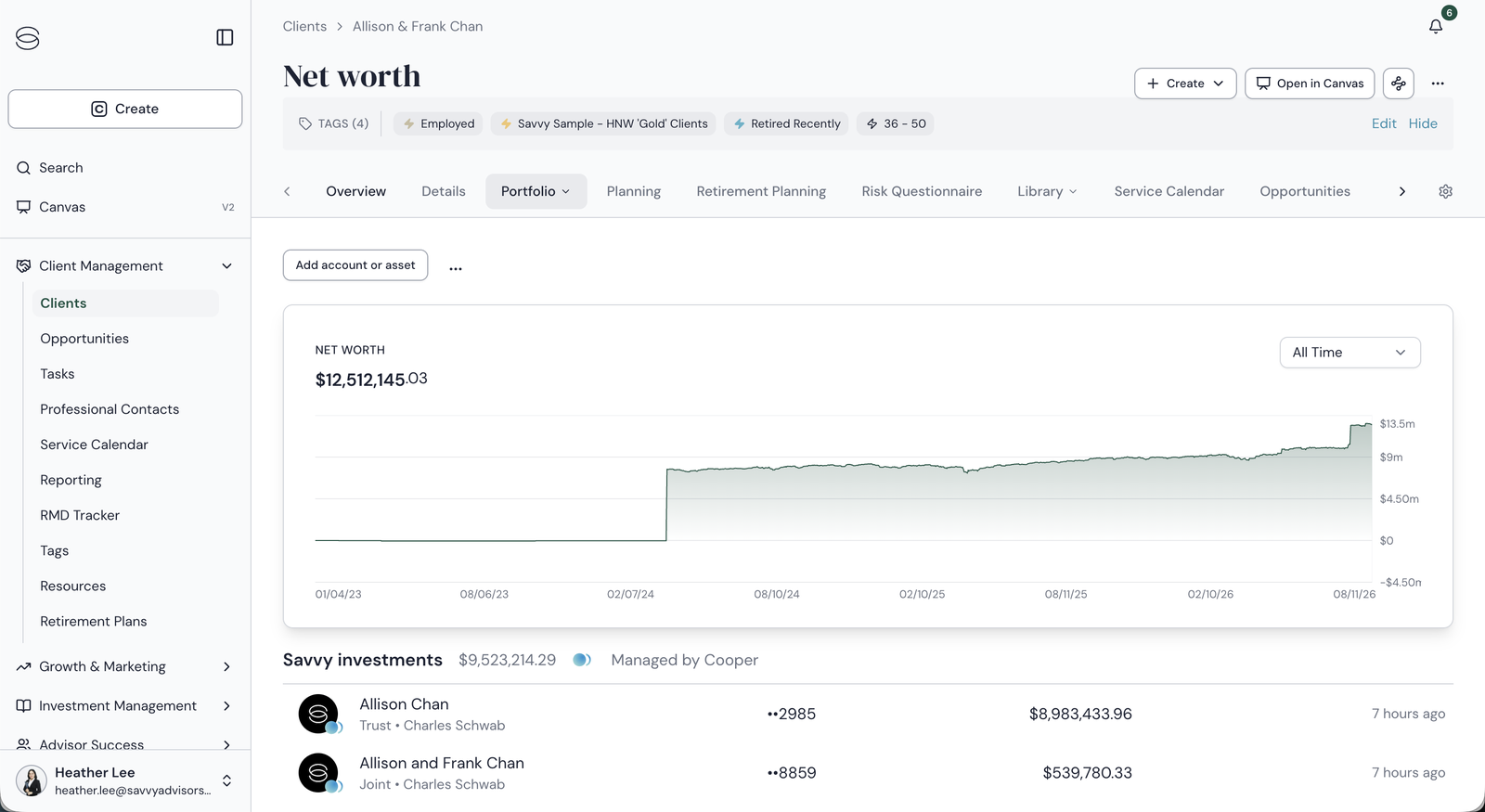 The old Net worth page for the Chan household, showing a $12.5M net worth chart and a list of Savvy investments accounts identified by masked account number