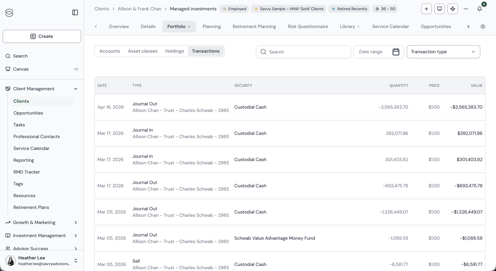 The Transactions sub-tab, where every row identifies its account as 'Allison Chan – Trust – Charles Schwab – 2985'